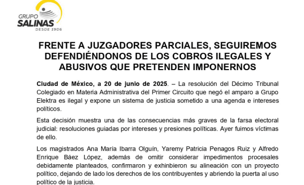 Elektra acusa consigna política de magistrados en resolución judicial