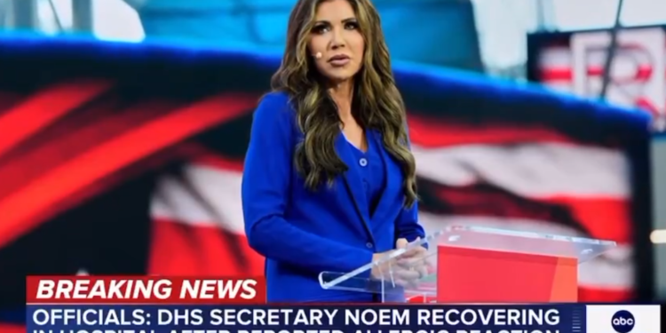 Hospitalizan a la secretaria de Seguridad Nacional de EU, Kristi Noem
