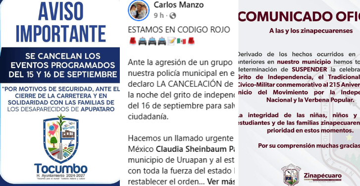 Suspenden festejos patrios en cuatro municipios de Michoacán por inseguridad