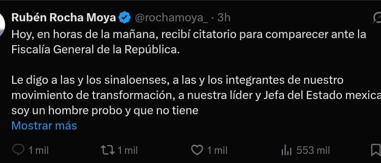 Rocha dice que irá a la FGR