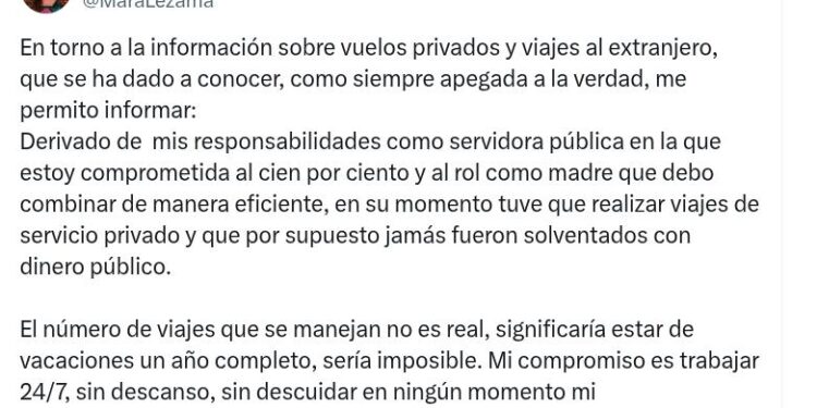 Mara Lezama acepta que viajó en vuelos privados; niega la cantidad publicada por El Norte