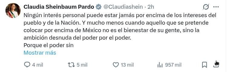 Sheinbaum rechaza la “ambición desnuda del poder” tras retorno de Rocha Moya