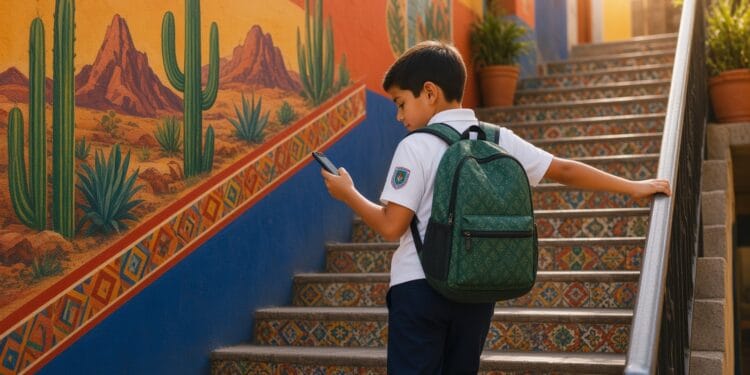 Imagen ilustrativa de un estudiante con mochila que consulta un celular en unas escaleras